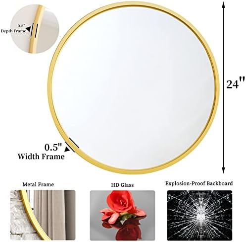 Gold Round Mirror 24 Inches Matte Metal Frame Wall Decor