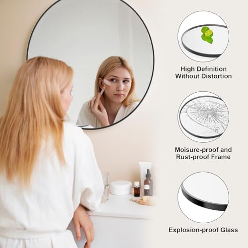 24 Inch Black Round Bathroom Mirror with Metal Frame