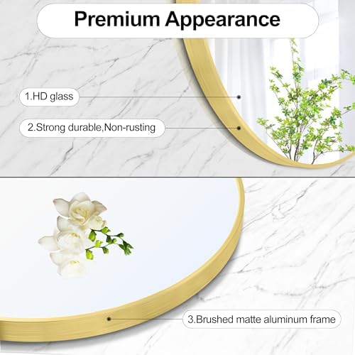 Heymirro 24 Inch Round Bathroom Mirror with Gold Aluminum Alloy Frame
