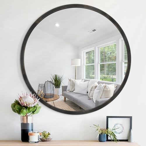JJUUYOU 20 Inch Round Black Wall Mirror with Wooden Frame