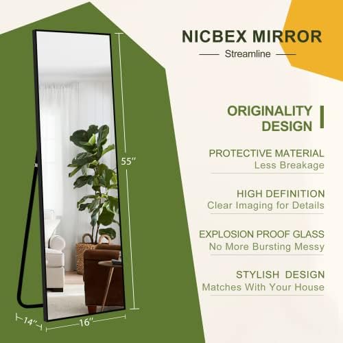 NicBex Full Length Mirror 55x16 Inch Black Aluminum Frame