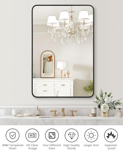 Amyove Black Metal Framed Mirror 48x30 Inch Rounded Rectangle Matte Vanity Bathroom Mirror Farmhouse