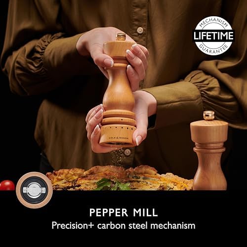 Cole Mason London Salt Pepper Mill Set - 7 Adjustable Spice Shakers with Beech Wood Design