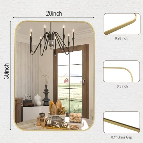FARMER 20x30 Inch Gold Bathroom Mirror with Rounded Corners