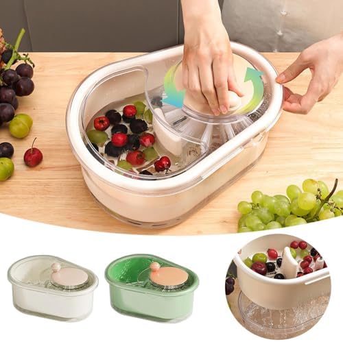 Efficient Manual Fruit Cleaner with Brush and Spinning Basket White