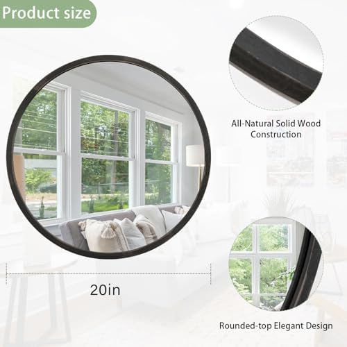 JJUUYOU 20 Inch Round Black Wall Mirror with Wooden Frame
