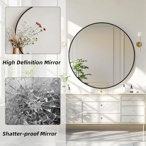 Round Black Mirror 30 Inch Metal Frame Shatterproof