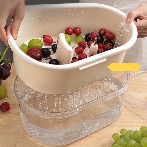 Efficient Manual Fruit Cleaner with Brush and Spinning Basket White