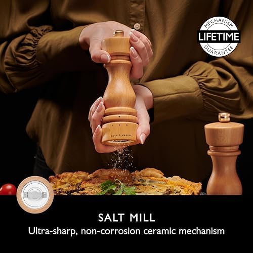 Cole Mason London Salt Pepper Mill Set - 7 Adjustable Spice Shakers with Beech Wood Design