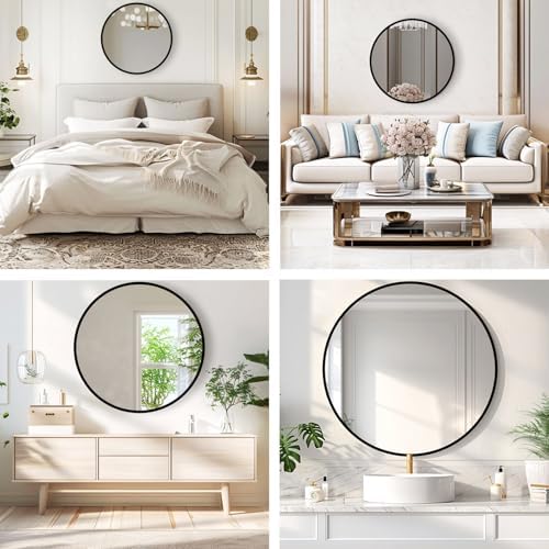 Round Black Mirror 30 Inch Metal Frame Shatterproof