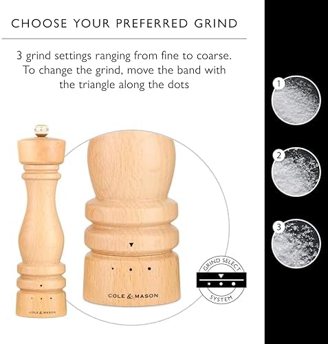 Cole Mason London Salt Pepper Mill Set - 7 Adjustable Spice Shakers with Beech Wood Design