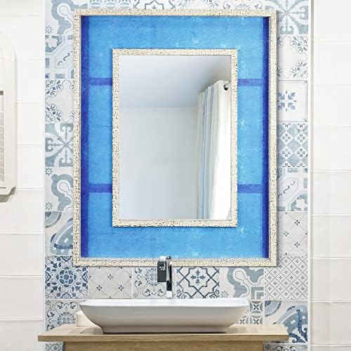 Head West Blue Linear Print Distressed White Raised Lip Double Framed Mirror 1