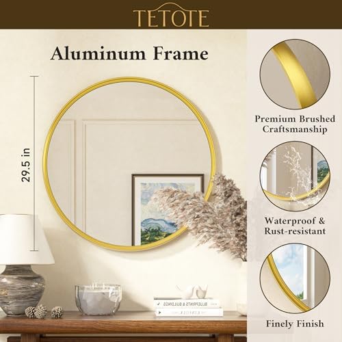 TETOTE 30 Inch Round Brushed Gold Mirror with Metal Frame