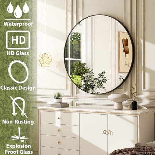Easly 20 Inch Round Black Bathroom Mirror with Metal Frame