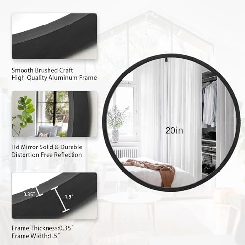 JJUUYOU 20 Inch Round Wall Mirror Black Modern Metal Frame