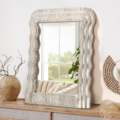 Wave Shape Irregular Wood Frame Wall Mirror