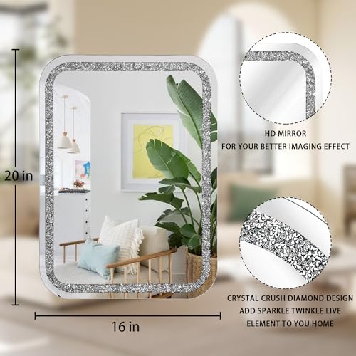 Crystal Rectangular Frameless Wall Mirror 20x16 Inch Silver Diamond Design