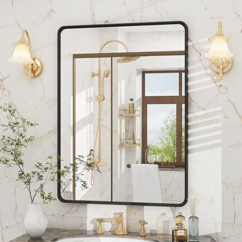 OKPAL 22x30 Inch Matte Black Bathroom Mirror with Beveled Frame