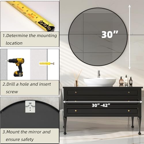 Round Black Mirror 30 Inch Metal Frame Shatterproof
