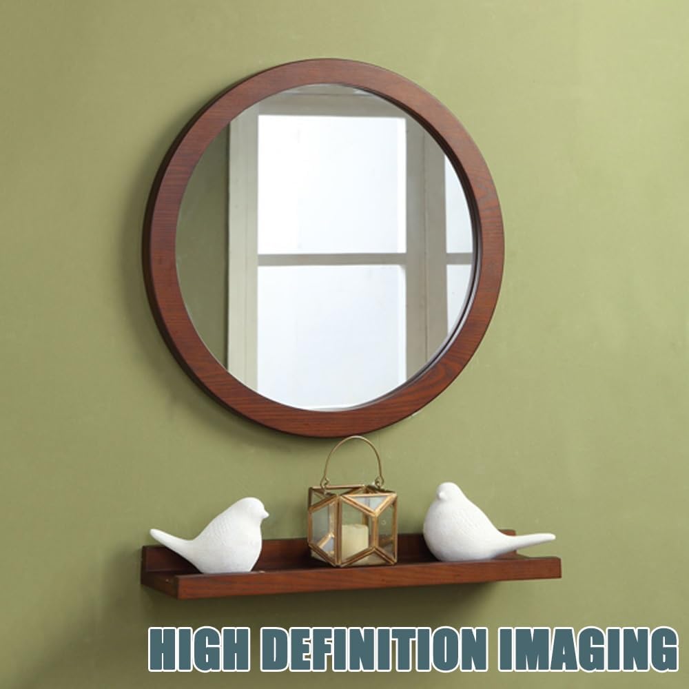 Wooden Framed HD Mirror - 30cm Round Wall Decor for Living Room