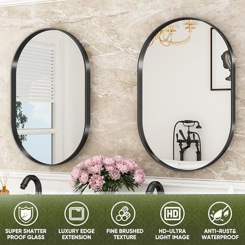 Suidia 22 x 30 Oval Black Bathroom Mirror