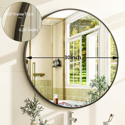 Easly 30 Inch Black Round Bathroom Mirror with Metal Frame