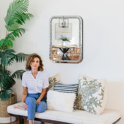 Crystal Rectangular Frameless Wall Mirror 20x16 Inch Silver Diamond Design