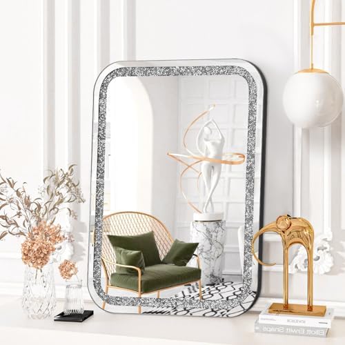 Crystal Rectangular Frameless Wall Mirror 20x16 Inch Silver Diamond Design