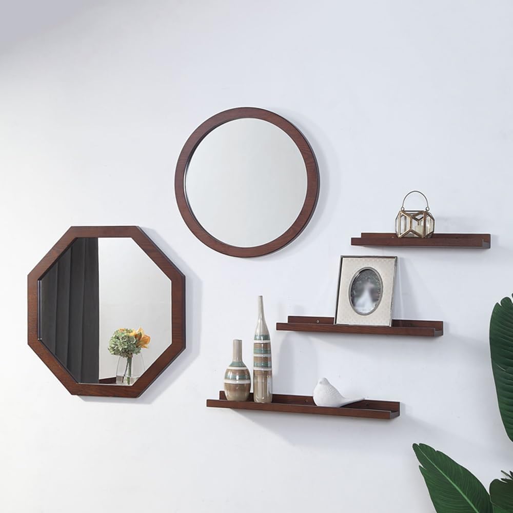 Wooden Framed HD Mirror - 30cm Round Wall Decor for Living Room