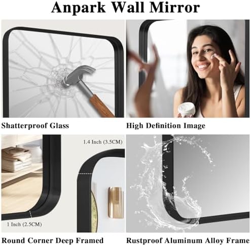 Anpark 24x36 Inch Black Metal Wall Mirror with Deep Frame