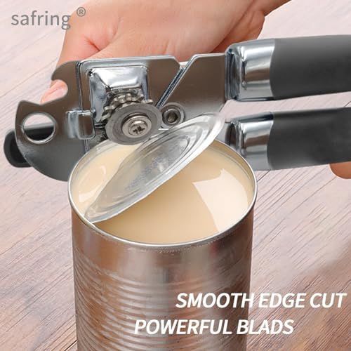Safring Manual Can Opener with Bottle Opener Heavy Duty Stainless Steel Comfortable Handle Gray
