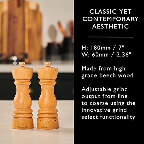 Cole Mason London Salt Pepper Mill Set - 7 Adjustable Spice Shakers with Beech Wood Design