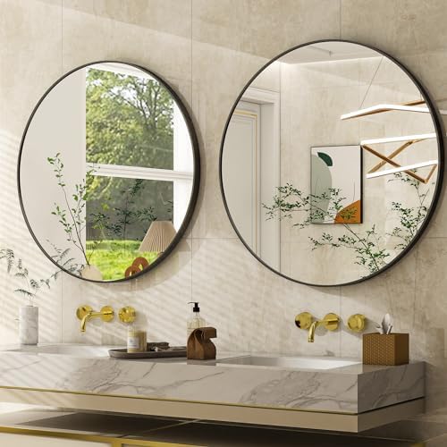 Easly 20 Inch Round Black Bathroom Mirror with Metal Frame