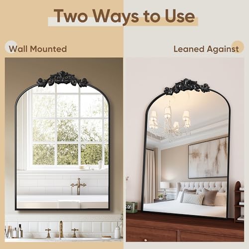 Vintage Wall Mirror 22x30 Inch Arched Decorative Mirror with Black Carved Metal Frame