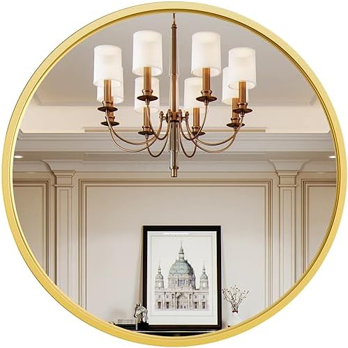 Gold Round Mirror 24 Inches Matte Metal Frame Wall Decor