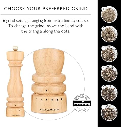 Cole Mason London Salt Pepper Mill Set - 7 Adjustable Spice Shakers with Beech Wood Design