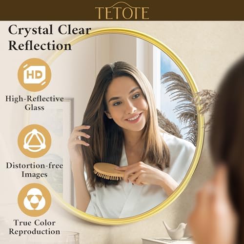 TETOTE 30 Inch Round Brushed Gold Mirror with Metal Frame