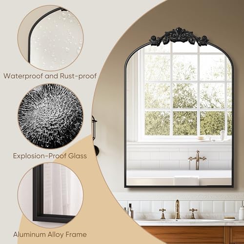 Vintage Wall Mirror 22x30 Inch Arched Decorative Mirror with Black Carved Metal Frame