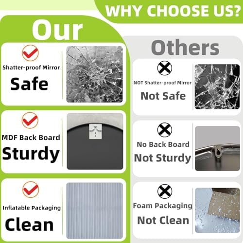 Round Black Mirror 30 Inch Metal Frame Shatterproof