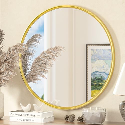 TETOTE 30 Inch Round Brushed Gold Mirror with Metal Frame