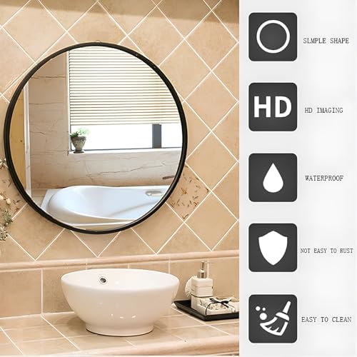 TZUFA 30cm Round Metal Bathroom Mirror - Black