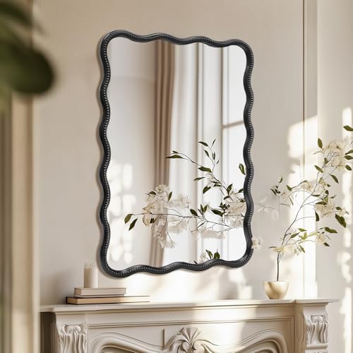 AIXI HOME Wavy Wood Bathroom Mirror with Black Frame