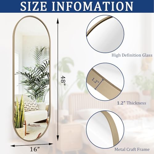 48x16 Inch Oval Full-Length Mirror with Brass Frame
