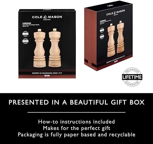 Cole Mason London Salt Pepper Mill Set - 7 Adjustable Spice Shakers with Beech Wood Design