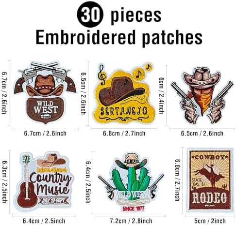 30 Piece Western Embroidered Iron On Patch Set for Hats Clothes DIY
