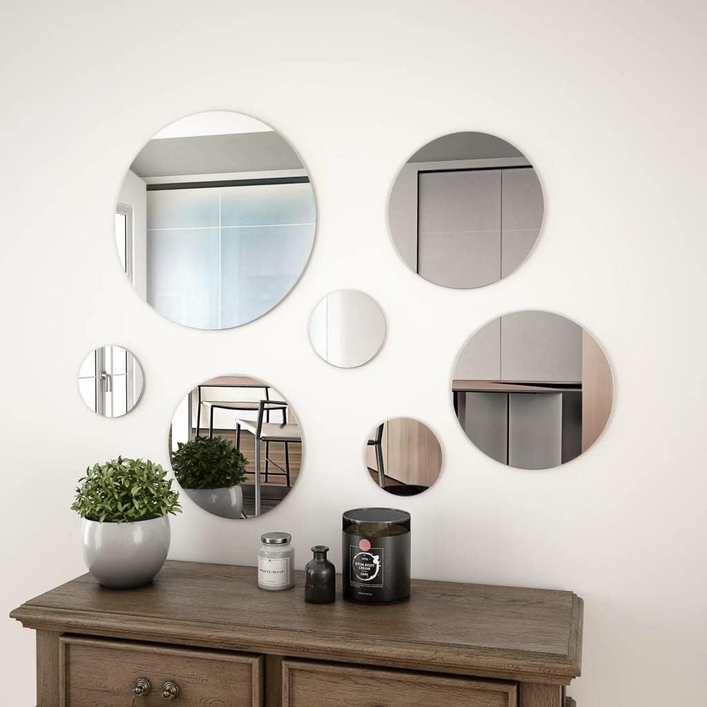 7 Piece Frameless Round Glass Mirror Set for Home Decor