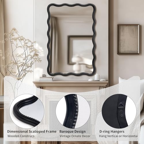 AIXI HOME Wavy Wood Bathroom Mirror with Black Frame