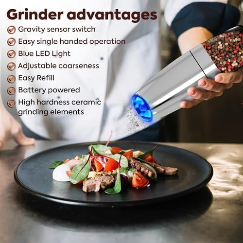 Electric Salt and Pepper Grinder Set of 2 - Stainless Steel with LED Light and Battery