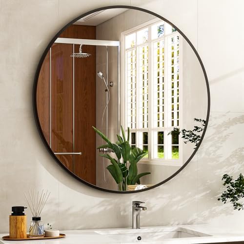Easly 20 Inch Round Black Bathroom Mirror with Metal Frame