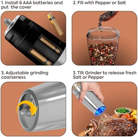 Electric Salt and Pepper Grinder Set of 2 - Stainless Steel with LED Light and Battery